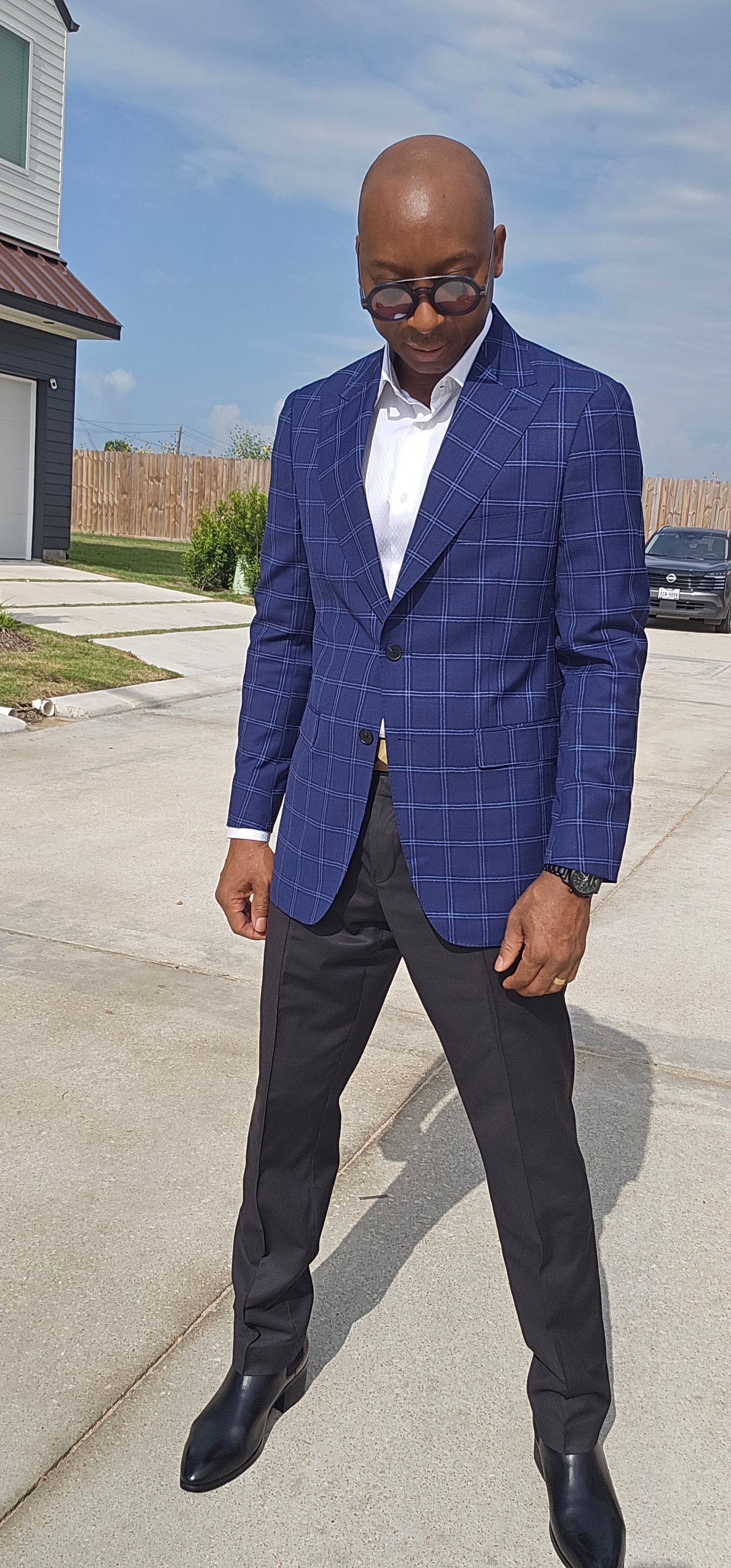 Premium Men’s Blue Windowpane Plaid Blazer.