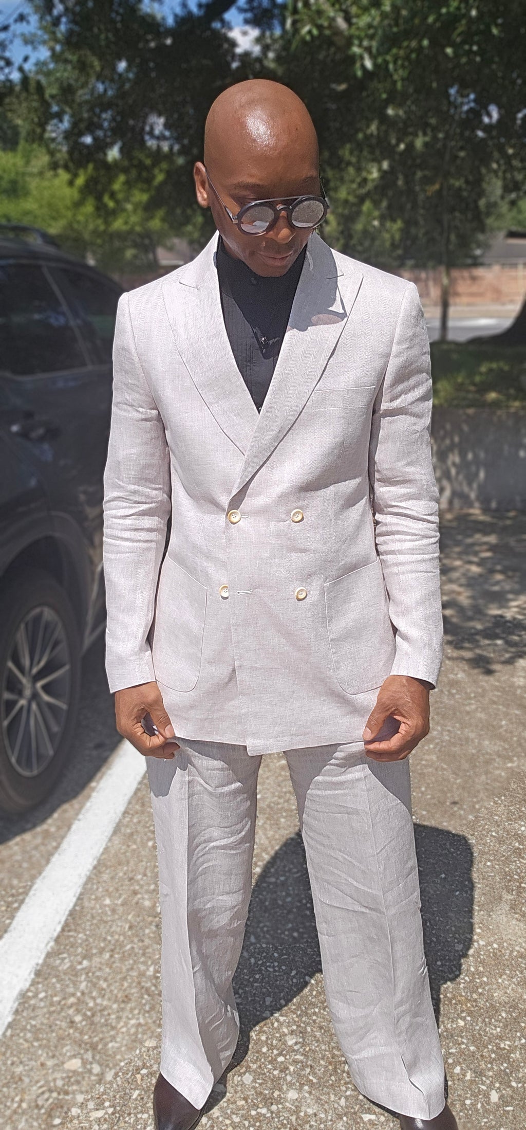 White Double-Breasted Linen Suit