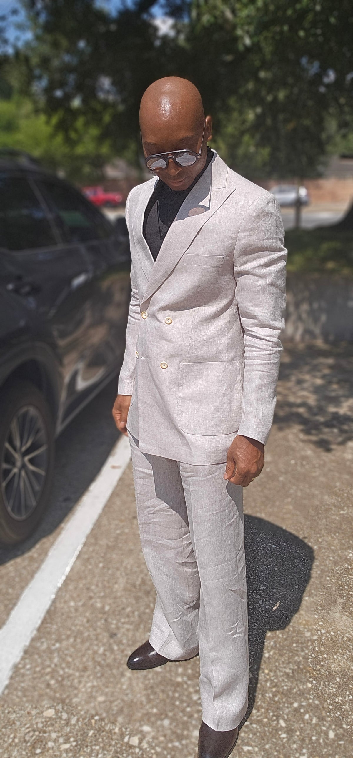 White Double-Breasted Linen Suit