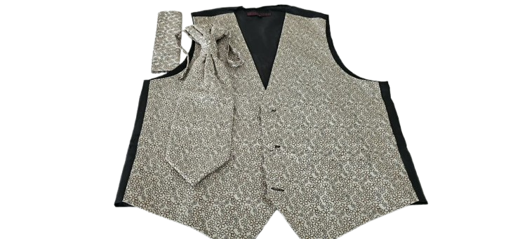 Beige Floral Cravat Vest with matching tie and pocket square on a white background