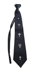 Black tie with silver cross designs on a white background