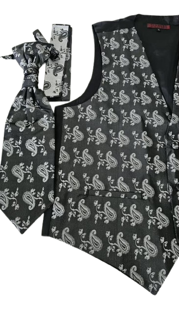 Black paisley patterned vest and tie set on a white background