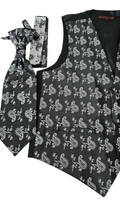 Black paisley patterned vest and tie set on a white background