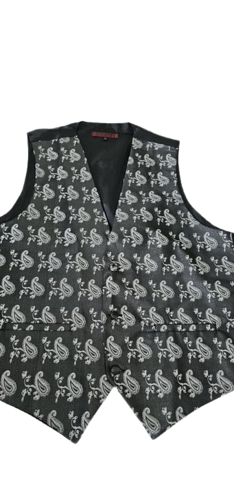 Black vest with white paisley pattern on a white background