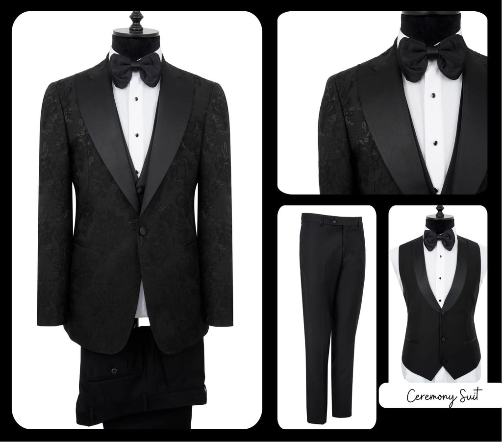 Black tuxedo with bow tie on a mannequin against a white background