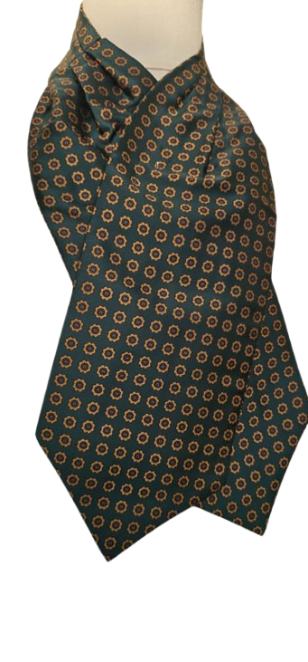 Green patterned ascot tie on a mannequin against a white background