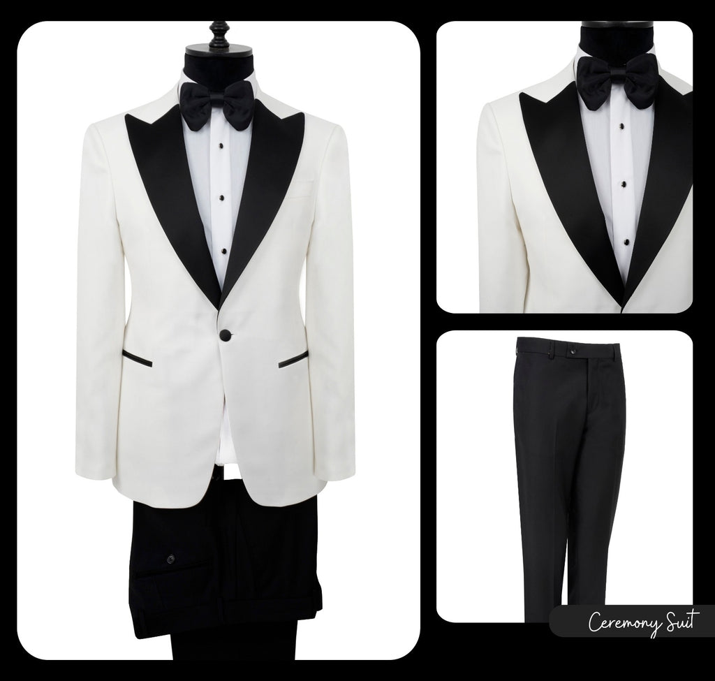 White tuxedo with black lapels and bow tie on a mannequin, with close-up details.