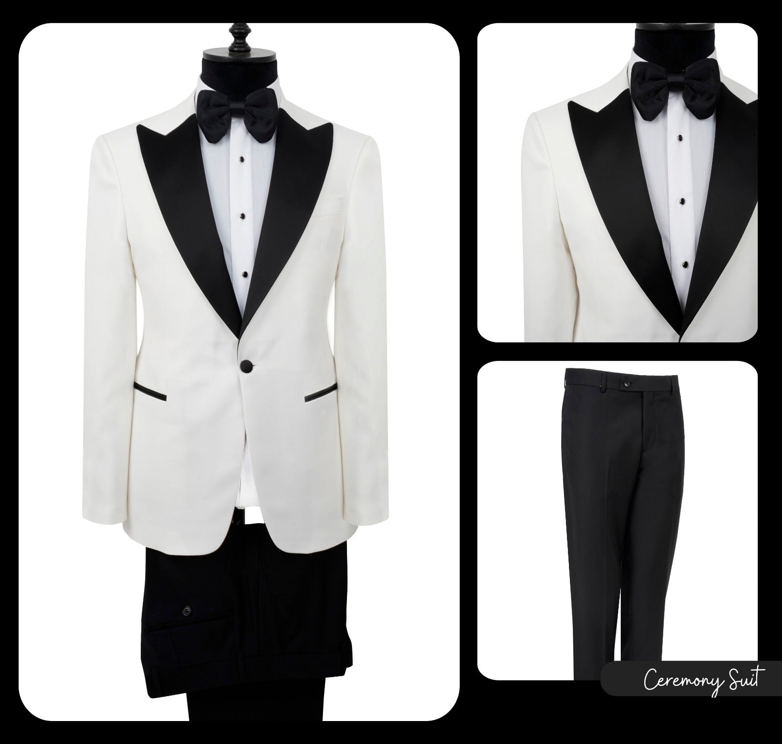 White tuxedo with black lapels and bow tie on a mannequin, with close-up details.