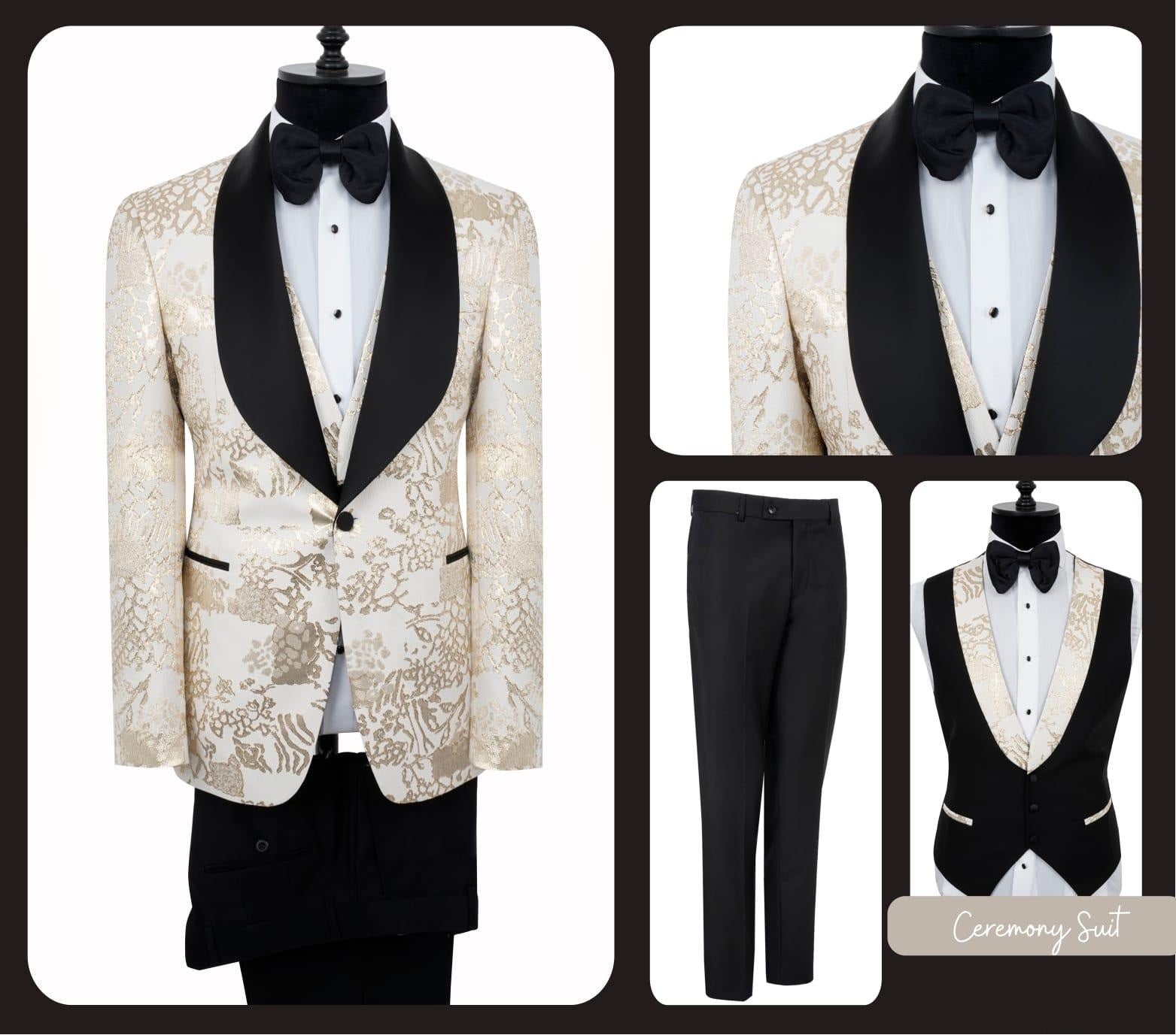 Collage of a formal tuxedo with lace detailing on a white background