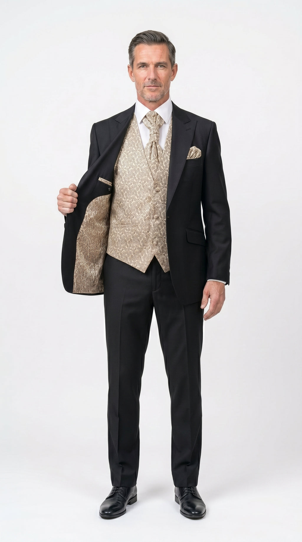 Man wearing a black suit with Ivory Paisley Brocade Formal Vest on a white background