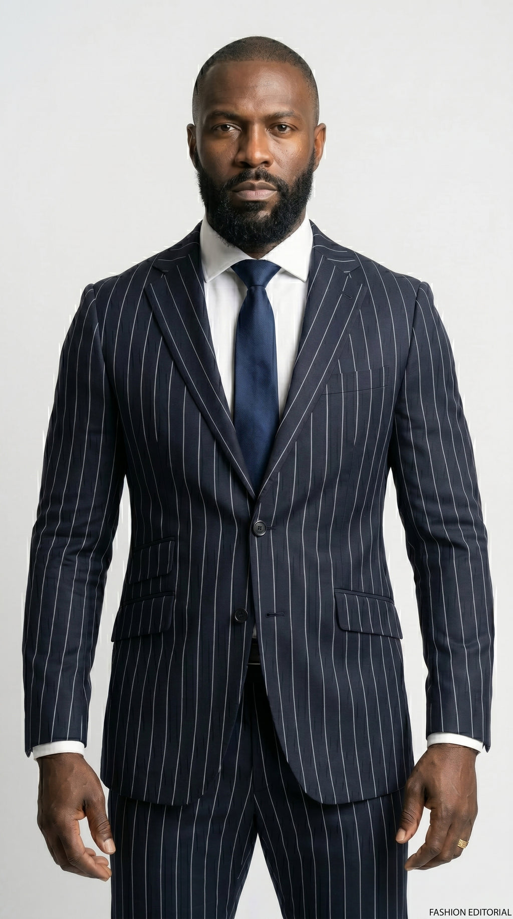 Man wearing a navy pinstripe suit with a white shirt and blue tie on a light gray background
