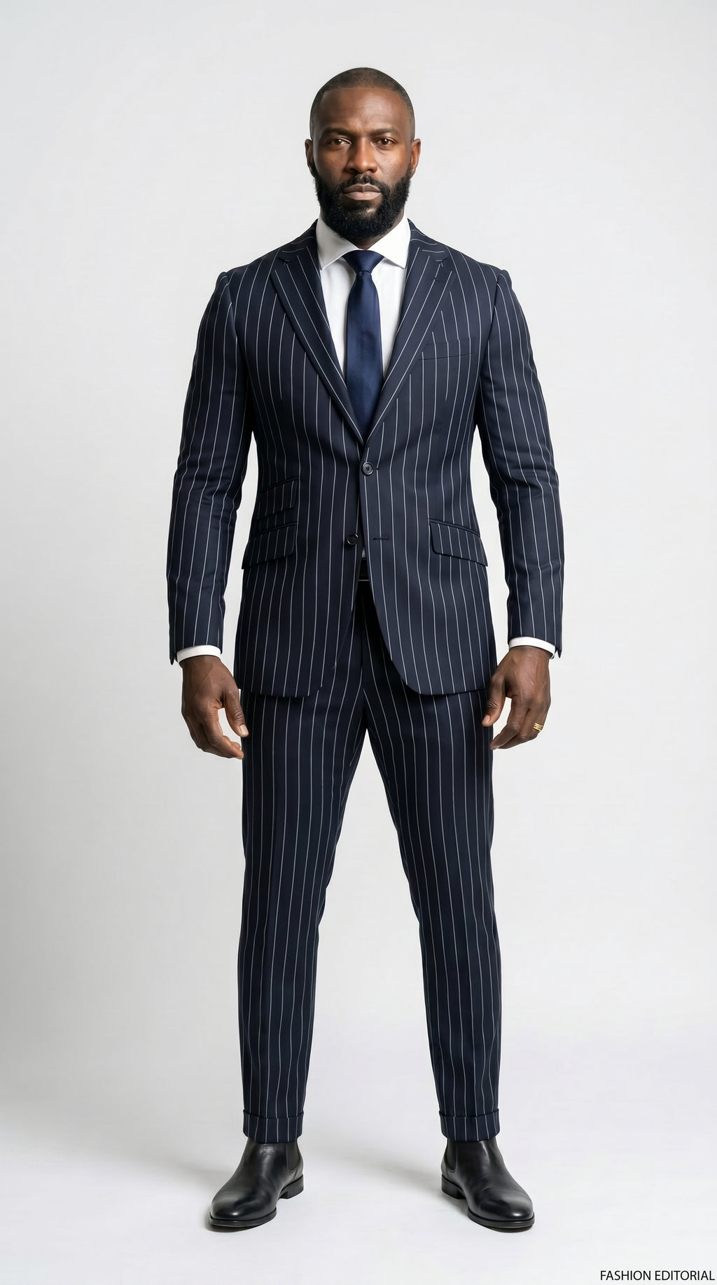 Man wearing a navy pinstripe suit with a white shirt and black shoes on a light gray background