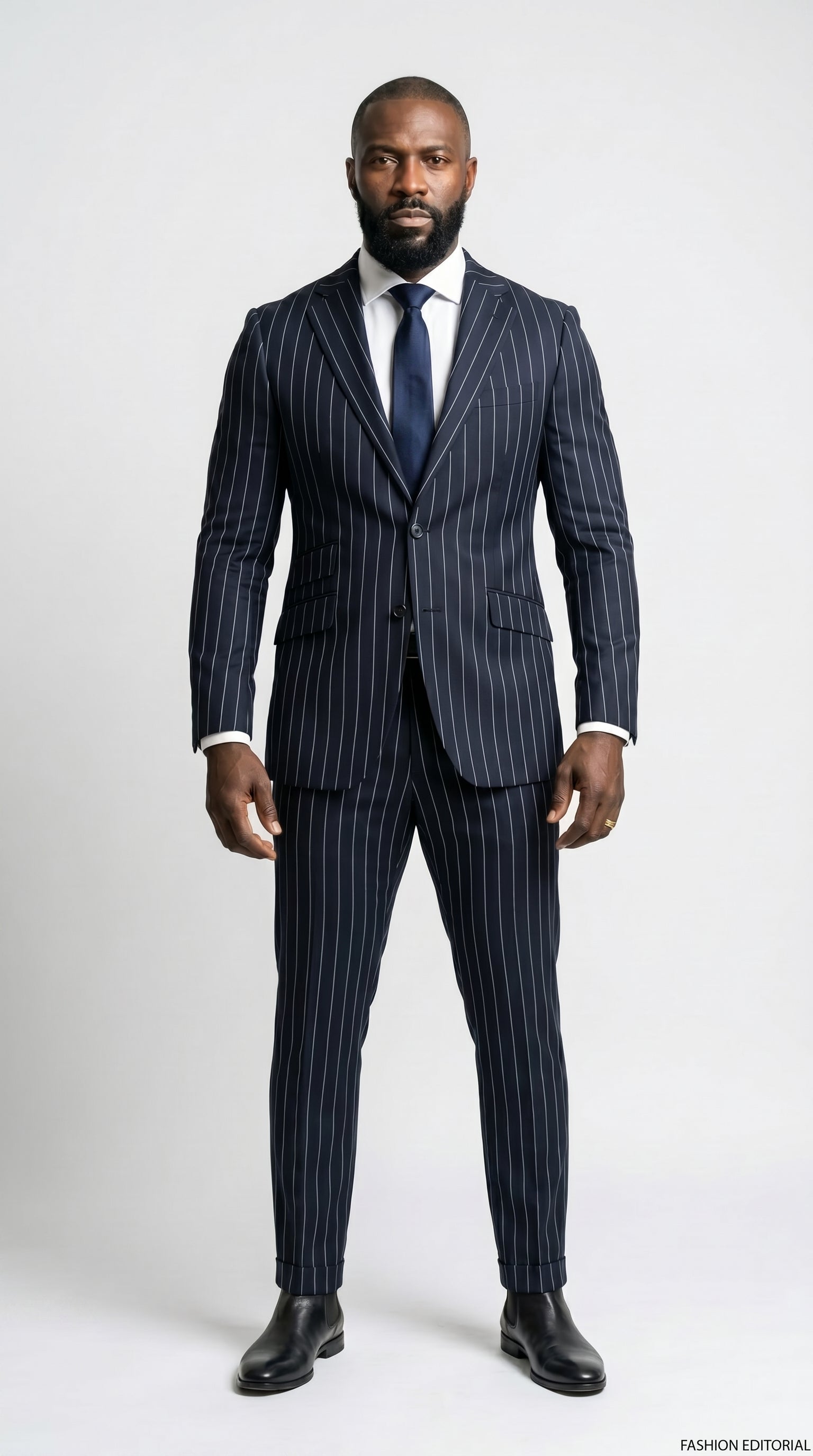 Man wearing a navy pinstripe suit with a white shirt and black shoes on a light gray background
