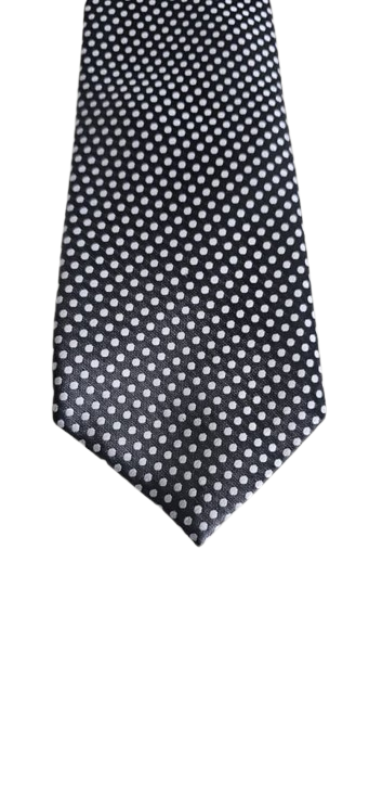Black tie with white polka dots on a white background