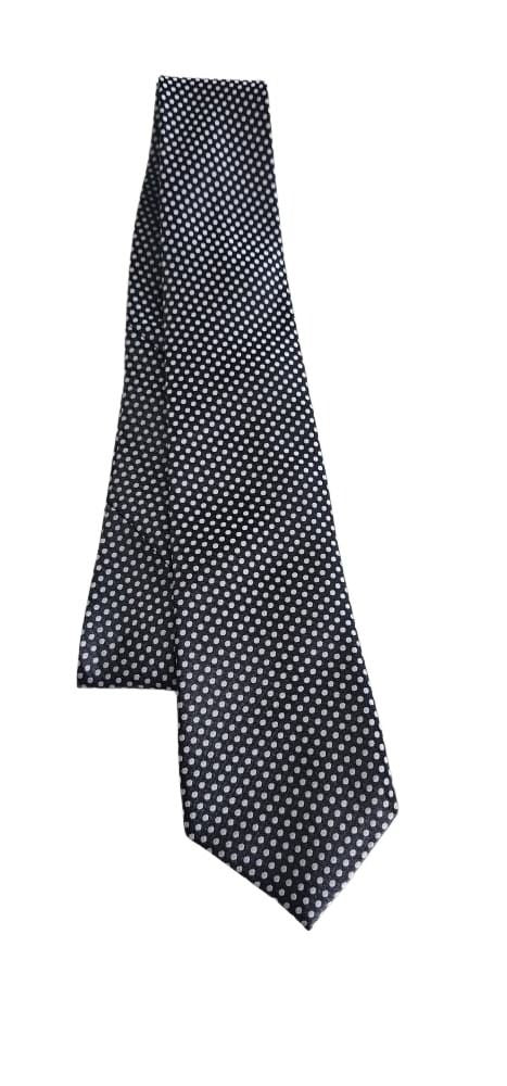 Black tie with white polka dots on a white background