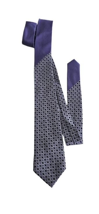 Patterned tie with purple accents on a white background