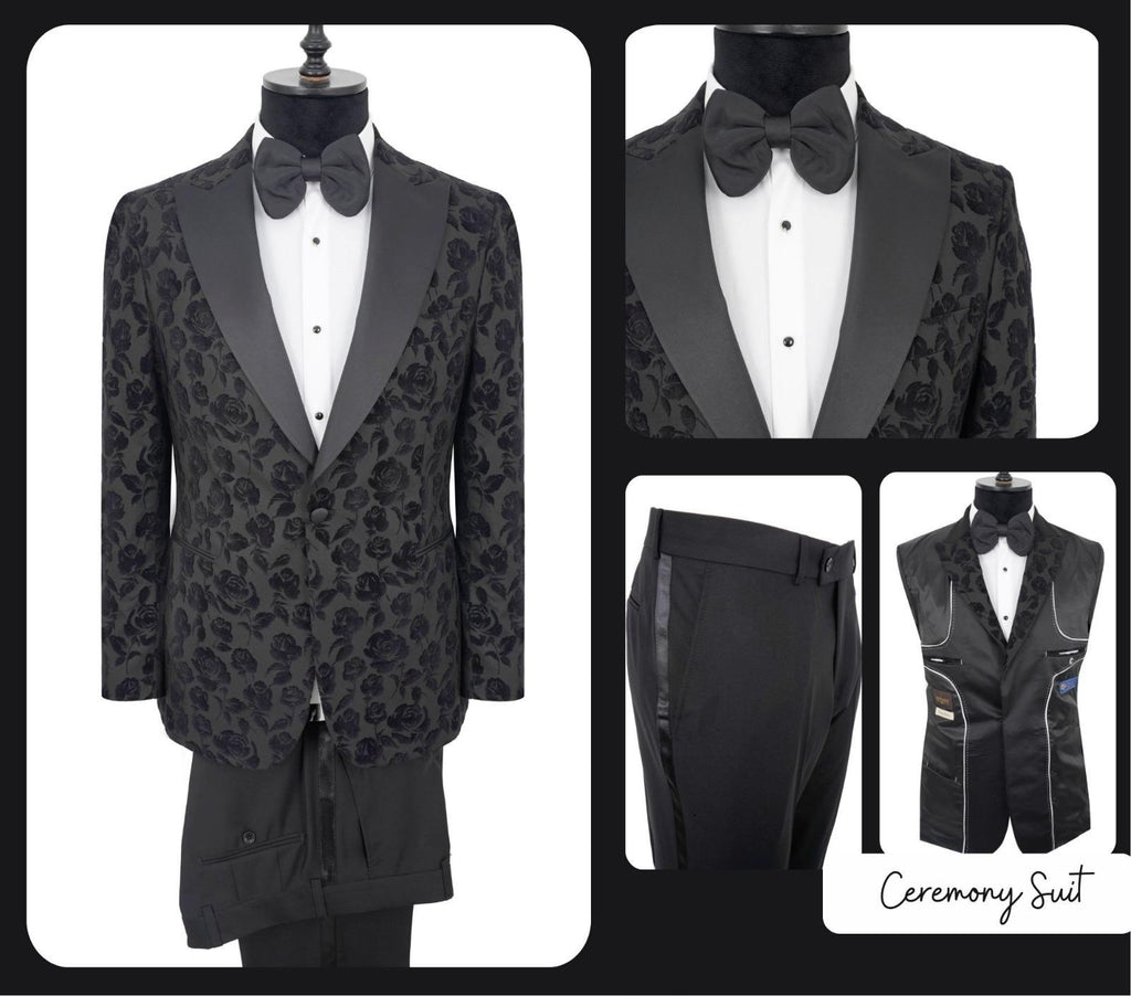 Black tuxedo with floral pattern on a mannequin, shown from multiple angles.