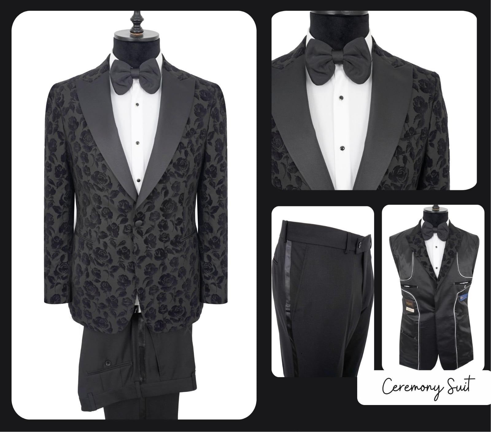 Black tuxedo with floral pattern on a mannequin, shown from multiple angles.