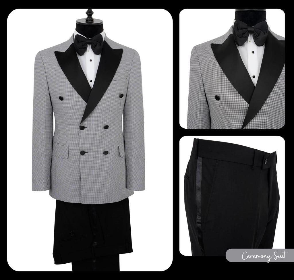 Gray tuxedo with black lapels and bow tie on a mannequin, shown from multiple angles.