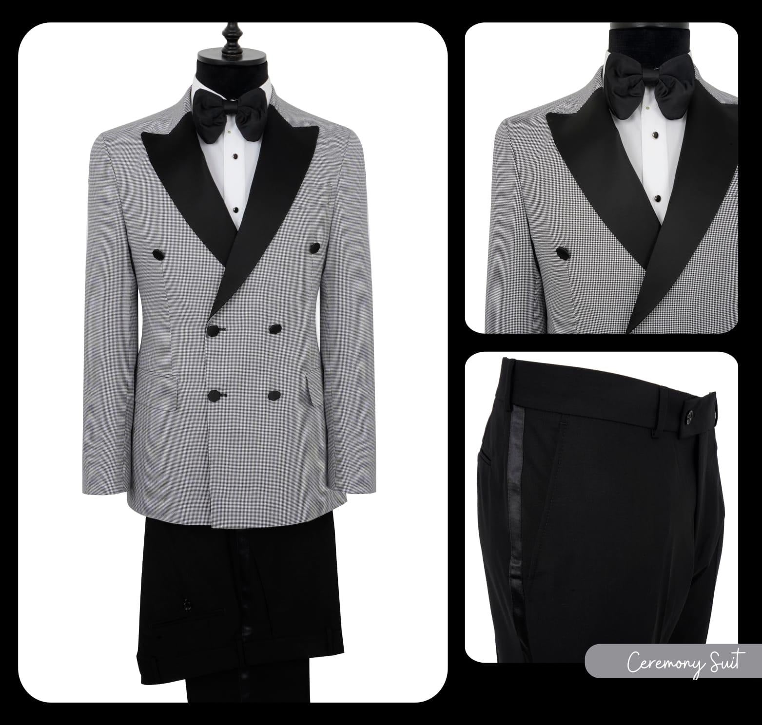 Gray tuxedo with black lapels and bow tie on a mannequin, shown from multiple angles.