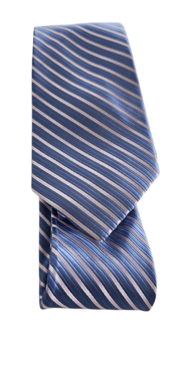 Blue and white striped tie on a white background