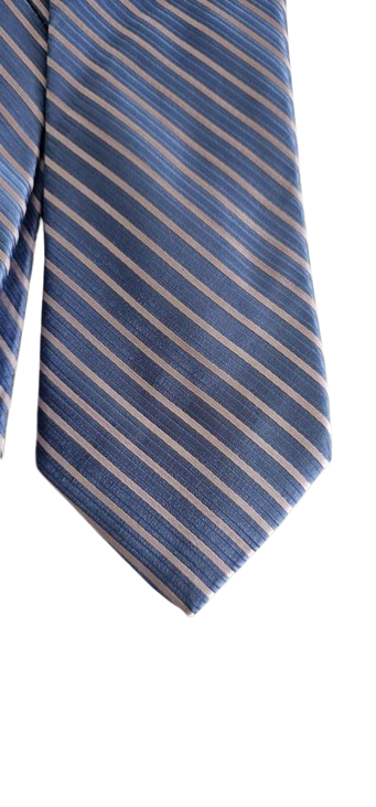 Blue and beige striped tie on a white background