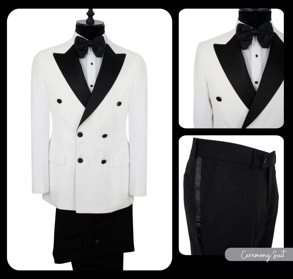 Ivory Double-Breasted Contrast Peak Lapel Tuxedo
