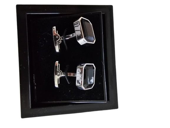 Black Rectangular Silver-Edged Cufflinks