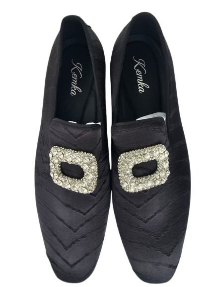 Black Satin Flat Loafers with Chevron Pattern & Rhinestones