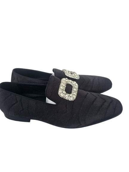 Black Satin Flat Loafers with Chevron Pattern & Rhinestones