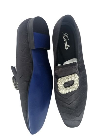Black Satin Flat Loafers with Chevron Pattern & Rhinestones
