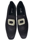 Black Satin Flat Loafers with Chevron Pattern & Rhinestones