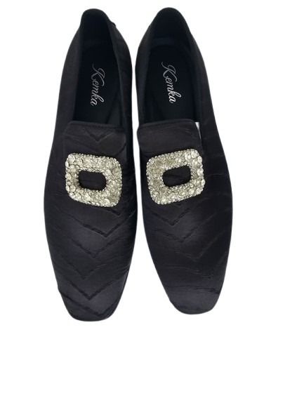 Black Satin Flat Loafers with Chevron Pattern & Rhinestones