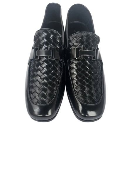Black Woven Slip-On Loafers with Silver Buckle
