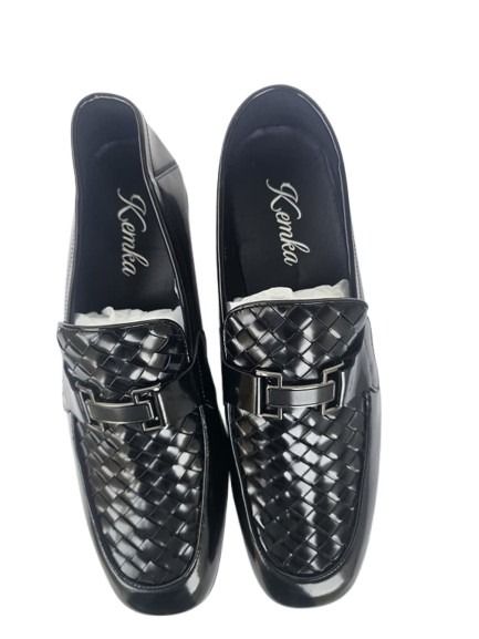 Black Woven Slip-On Loafers with Silver Buckle