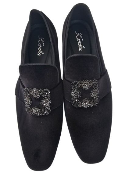 Black Velvet Loafers with Rhinestone Square Buckle