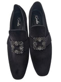 Black Velvet Loafers with Rhinestone Square Buckle