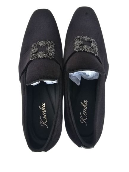 Black Velvet Loafers with Rhinestone Square Buckle