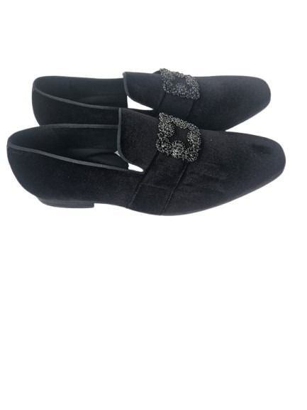Black Velvet Loafers with Rhinestone Square Buckle