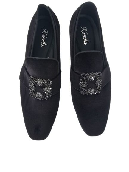 Black Velvet Loafers with Rhinestone Square Buckle
