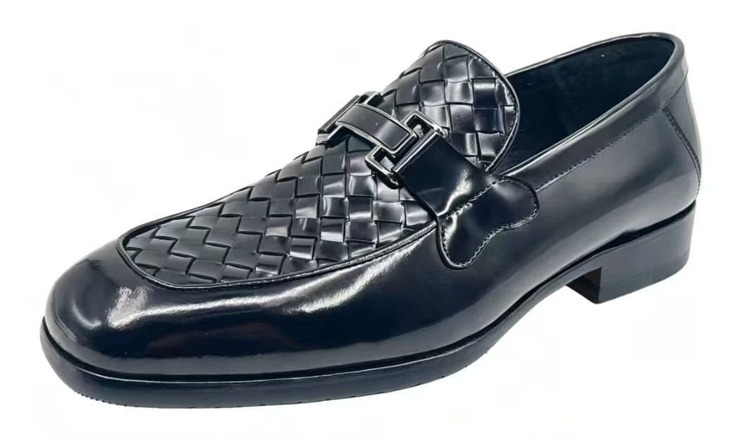Black Woven Slip-On Loafers with Silver Buckle