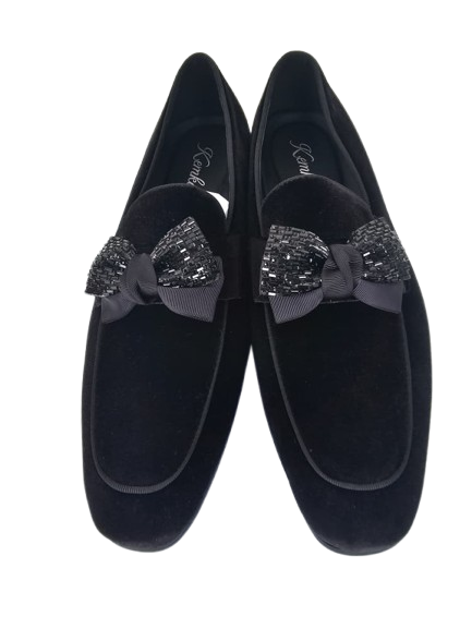 Black Velvet Loafers with Beaded & Ribbon Bows