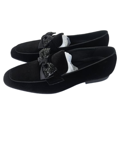 Black Velvet Loafers with Beaded & Ribbon Bows