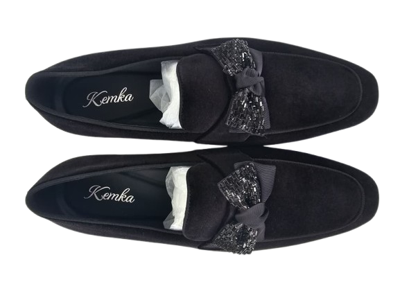 Black Velvet Loafers with Beaded & Ribbon Bows