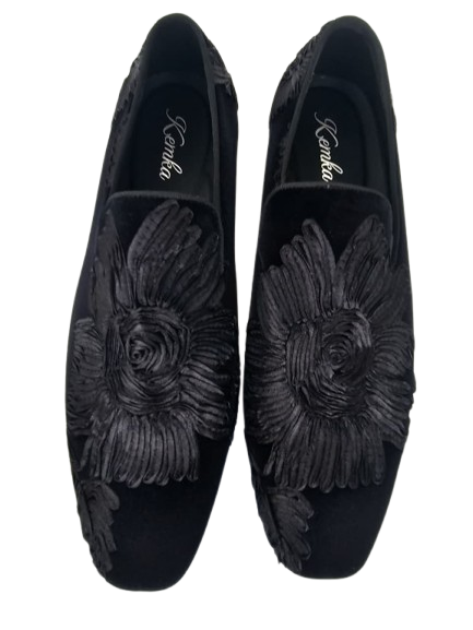 Black Velvet Loafers with Folded-Fabric Floral Detail