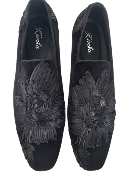 Black Velvet Loafers with Folded-Fabric Floral Detail