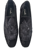 Black Velvet Loafers with Folded-Fabric Floral Detail