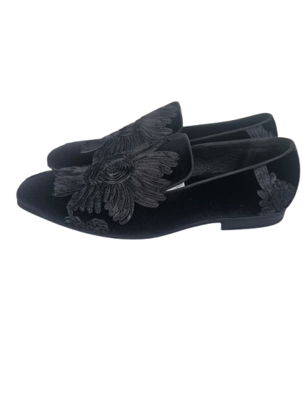 Black Velvet Loafers with Folded-Fabric Floral Detail