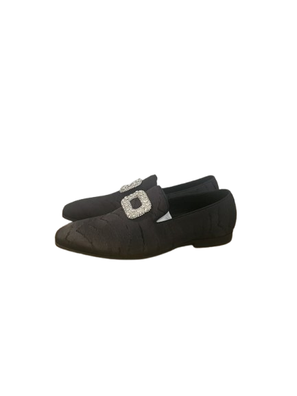 Black Satin Flat Loafers with Chevron Pattern & Rhinestones