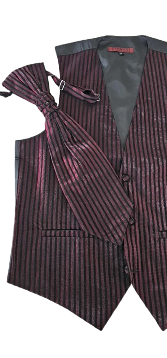 Maroon pinstripe vest with bow tie on a white background
